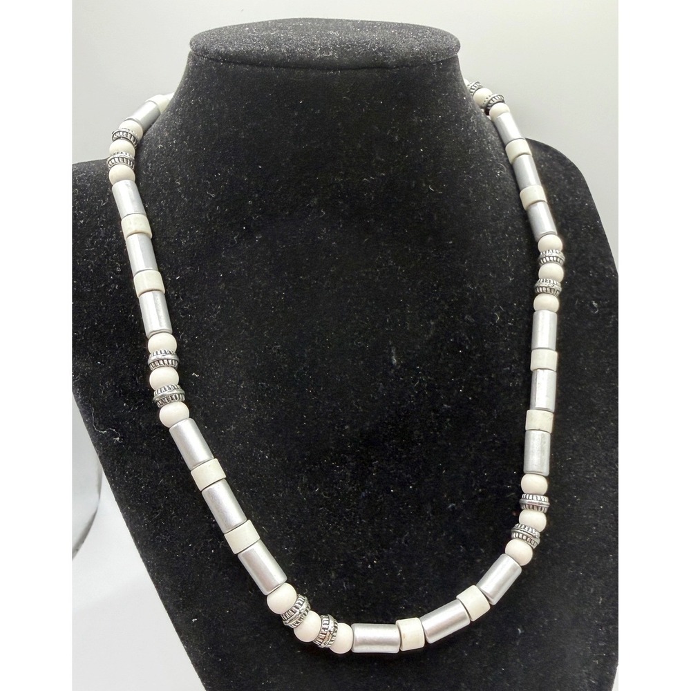 Vintage Silver‎ Tone Tube Bead Necklace Cream Spacer Beads 18"